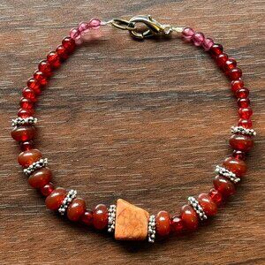 Carnelian Beaded Bracelet with Glass and Metal Accents Handmade